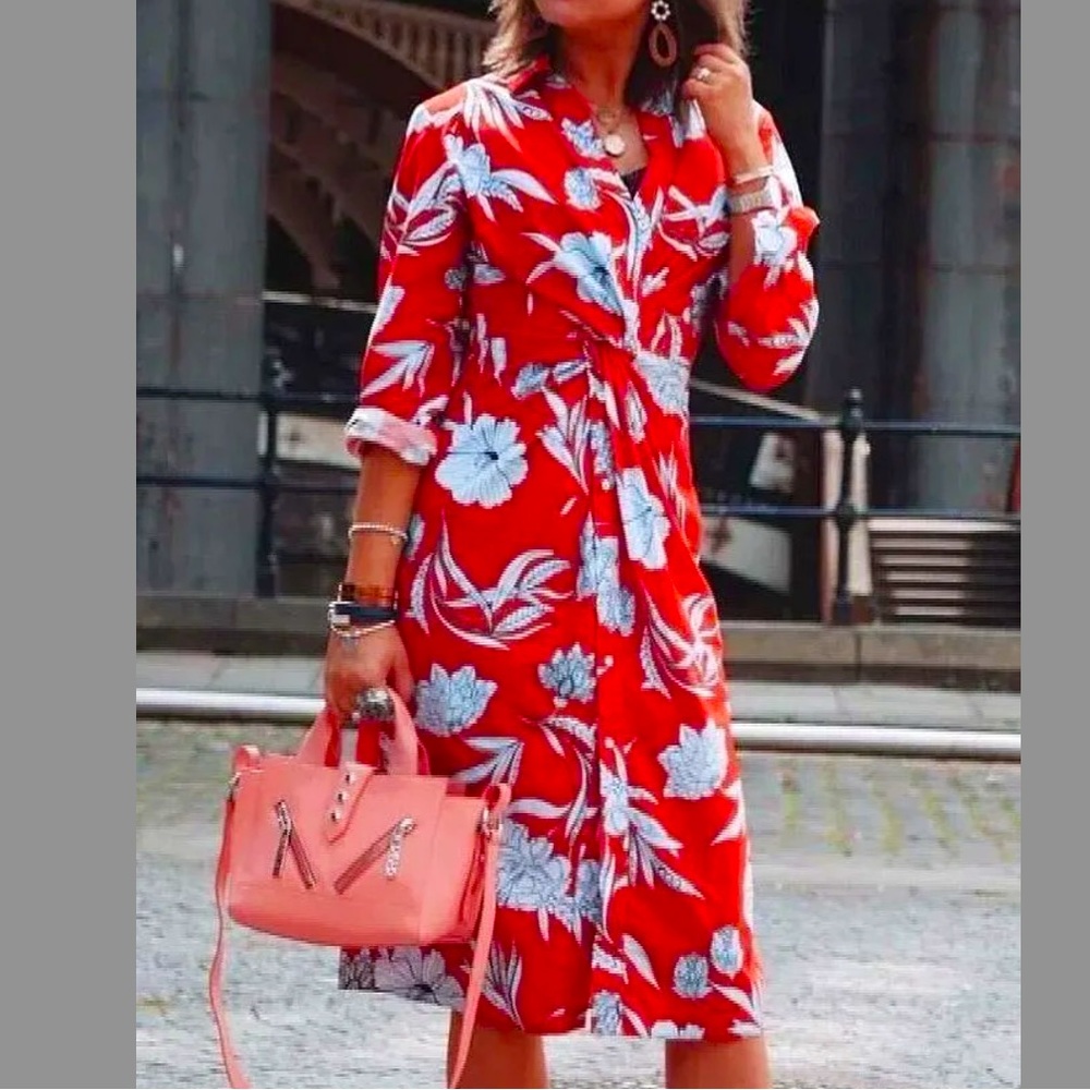 ZARA RED FLORAL DRESS WITH KNOT FRONT - Picture 4 of 8